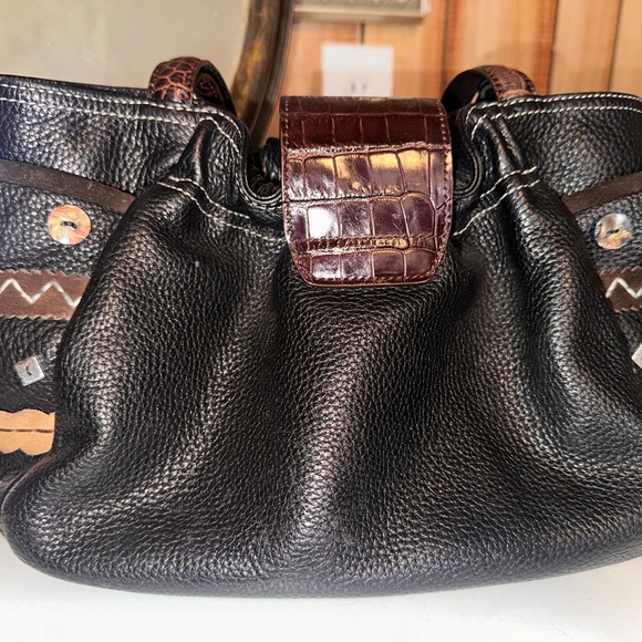 Brighton Betsy Handbag Black Pebbled Brown Leather Buttons Charms Shoulder Bag - Picture 4 of 5